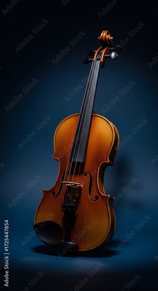 Fototapeta premium Elegant Violin on Deep Blue Background: Studio Shot, Classical Music, Refined Mood