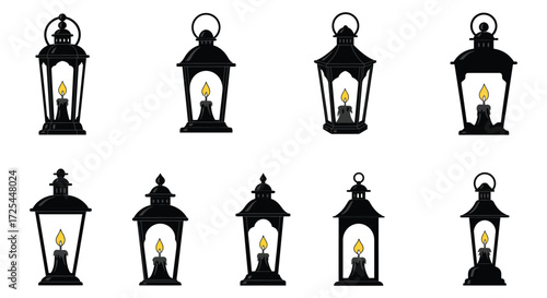 A collection of ornate black lanterns with glowing yellow candlelight inside