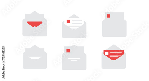 Six flat design envelope icons illustrating various states of mail delivery