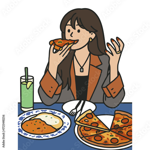 Cute Cartoon Style Woman Eating Pizza and Curry Illustration