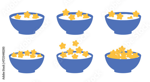 Six blue bowls filled with white liquid and golden star shaped cereal