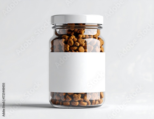 Glass jar mockup filled with pet dry food. Blank white label and lid. Ideal for cat or dog treats packaging.