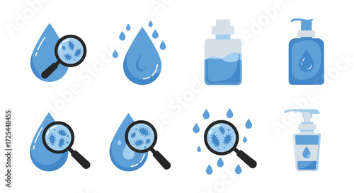 Illustrations of water droplets hand sanitizer and magnifying glass icons