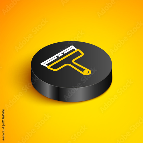 Isometric line Cleaning service with of rubber cleaner for windows icon isolated on yellow background. Squeegee, scraper, wiper. Black circle button. Vector