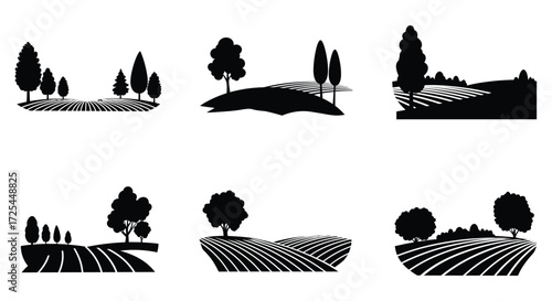 Black and white landscape illustrations depicting rolling hills and trees