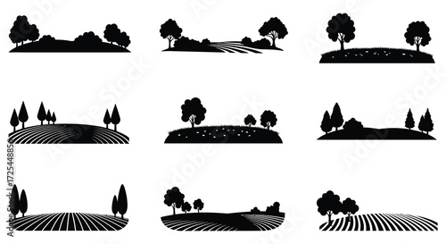Silhouette collection of trees and rolling hills in a black and white design