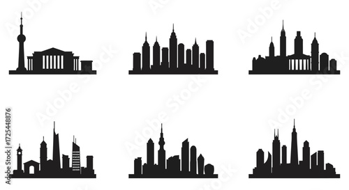 Silhouetted cityscapes representing iconic skylines in a minimalist graphic design
