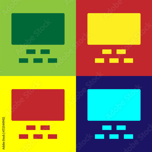Pop art Cinema auditorium with screen and seats icon isolated on color background. Vector