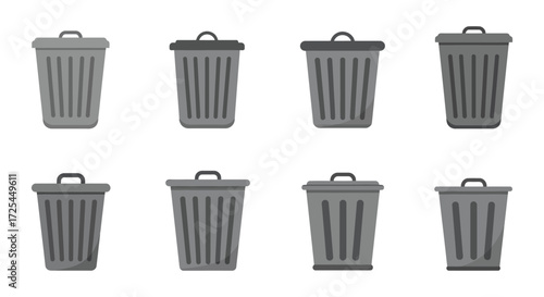 A collection of eight gray trash cans in a simple arrangement