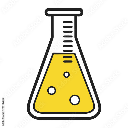 Yellow liquid in laboratory flask with bubbles beaker