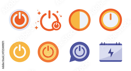 Collection of colorful circular icons depicting power time and notifications