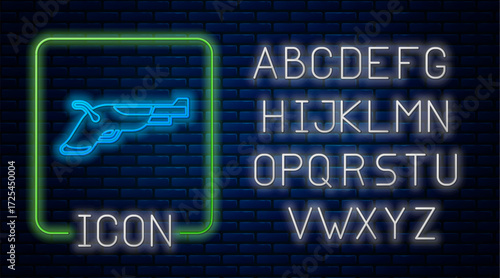 Glowing neon Vintage pistols icon isolated on brick wall background. Ancient weapon. Neon light alphabet. Vector