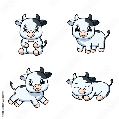 Set of 4 Cute Baby Cow Cartoon Poses Vector Illustration