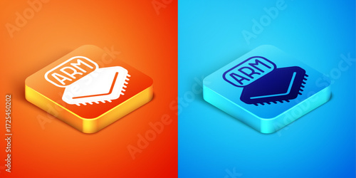 Isometric Processor icon isolated on orange and blue background. CPU, central processing unit, microchip, microcircuit, computer processor, chip. Vector