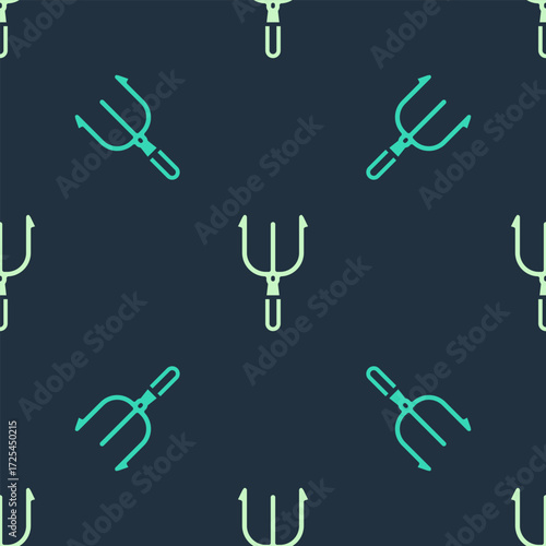 Green and beige Neptune Trident icon isolated seamless pattern on blue background. Vector