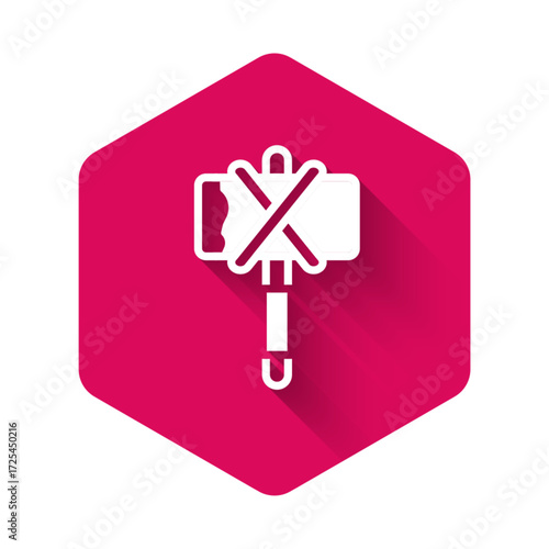 White Medieval axe icon isolated with long shadow background. Battle axe, executioner axe. Medieval weapon. Pink hexagon button. Vector