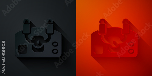 Paper cut Aircraft steering helm icon isolated on black and red background. Aircraft control wheel. Paper art style. Vector