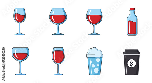Collection of drinks including wine soda coffee and a bottle