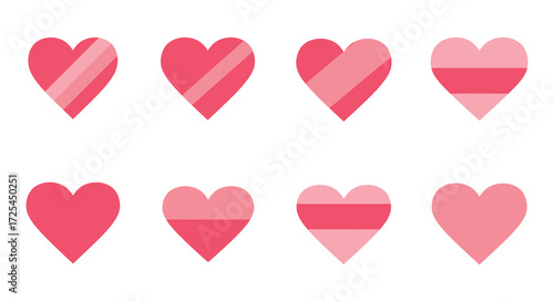 A collection of red and pink hearts with striped and solid designs