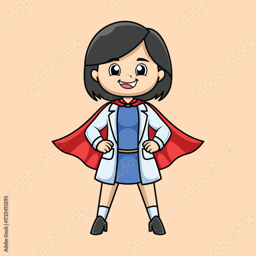 Super Doctor Woman Cartoon Mascot with Red Cape Vector Illustration