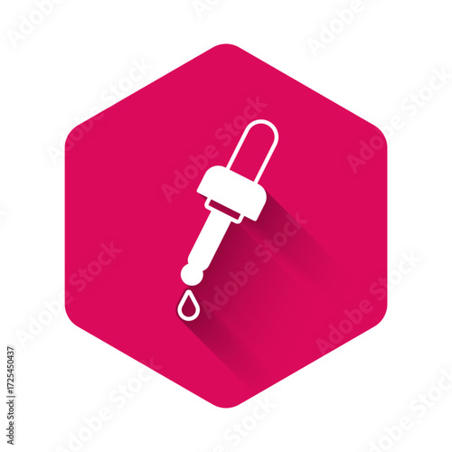 White Pipette with oil icon isolated with long shadow background. Organic aromatherapy essence. Skin care serum glass drop package. Pink hexagon button. Vector