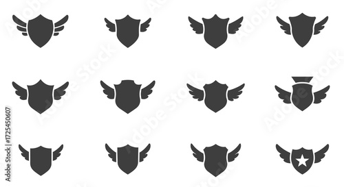Collection of black winged shields and heraldic emblems on a white background