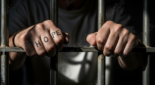 Prisoner hands holding jail bars with hope tattoo
