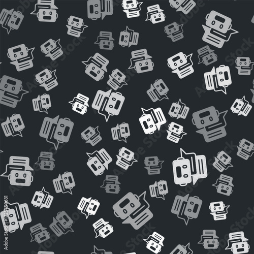 Grey Chat bot icon isolated seamless pattern on black background. Chatbot icon. Vector