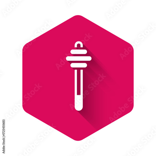 White Honey dipper stick icon isolated with long shadow background. Honey ladle. Pink hexagon button. Vector