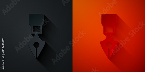 Paper cut Fountain pen nib icon isolated on black and red background. Pen tool sign. Paper art style. Vector