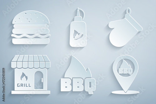 Set Barbecue fire flame, Oven glove, shopping building, Location with barbecue, Ketchup bottle and Burger icon. Vector