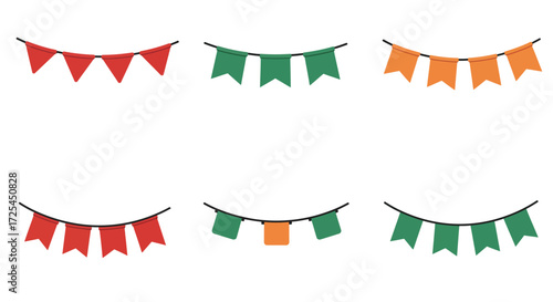 Colorful pennant flags arranged in rows against a white background