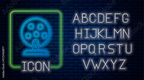 Glowing neon Lottery machine with lottery balls inside icon isolated on brick wall background. Lotto bingo game of luck concept. Wheel drum leisure. Neon light alphabet. Vector