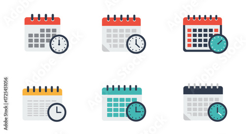 Colorful calendar icons with clocks representing scheduling and time management concepts