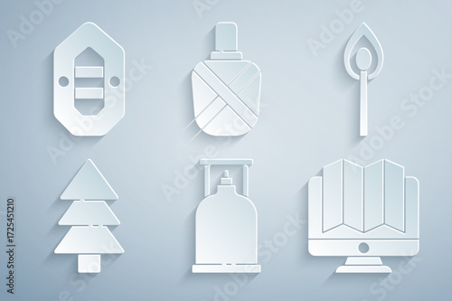 Set Camping gas stove, Burning match with fire, Tree, Location of the forest monitor, Canteen water bottle and Rafting boat icon. Vector
