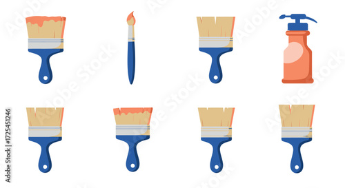Colorful painting tools including brushes a bottle and other art supplies