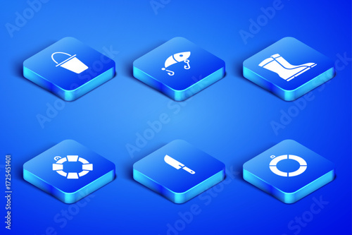 Set Lifebuoy, Fishing bucket, Knife, lure and boots icon. Vector