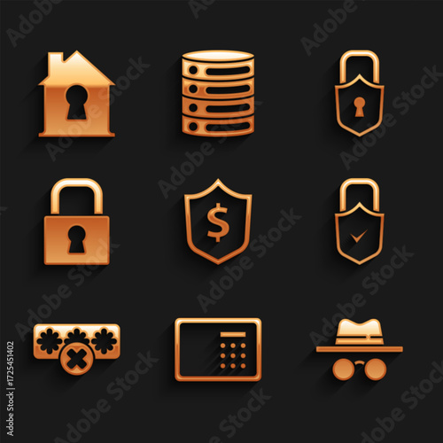 Set Shield with dollar, Safe, Incognito mode, Lock and check mark, Password protection, and House under icon. Vector