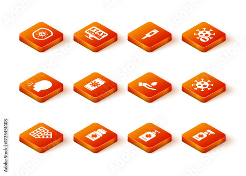 Set Pills in blister pack, Medicine bottle and pills, Man coughing, Virus statistics on mobile, Liquid antibacterial soap, Washing hands with, and icon. Vector