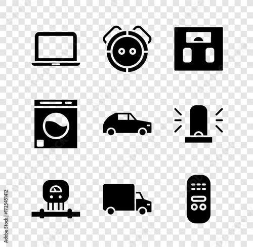 Set Laptop, Robot vacuum cleaner, Bathroom scales, Smart sensor, Delivery cargo truck, Remote control, Washer and Car icon. Vector