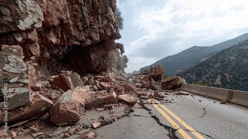 Earthquake epicenter in mountains causing rockfall and destroyed roads