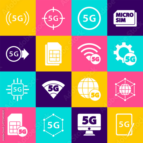 Set Graphic tablet with 5G, Social network, Setting, Sim card, and icon. Vector