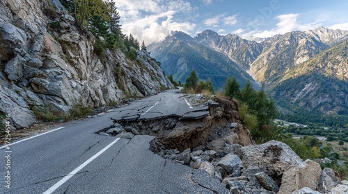 Earthquake epicenter in mountains causing rockfall and destroyed roads