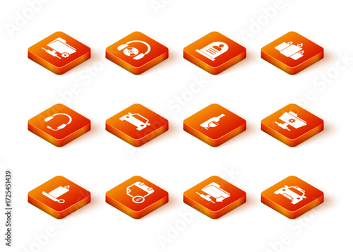 Set Burning candle in candlestick, Calendar clock, Headphones with microphone, Car, FTP folder download and Wine bottle glass icon. Vector