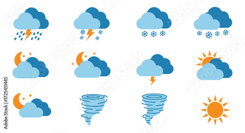 Various weather icons depicting sun clouds rain and stormy conditions