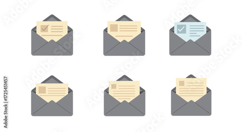 Six envelopes containing letters some with checkmarks in a flat design