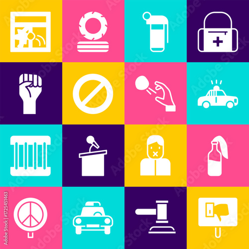 Set Protest, Cocktail molotov, Police car and flasher, Hand grenade, Ban, Raised hand with clenched fist, Broken window and Hooligan shooting stones icon. Vector