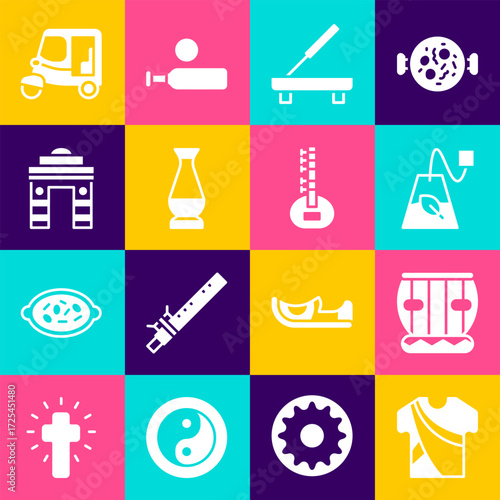 Set Indian man dress, Instrument tabla, Tea bag, Scented spa stick, vase, Gate in Delhi, Taxi tuk tuk and Sitar icon. Vector