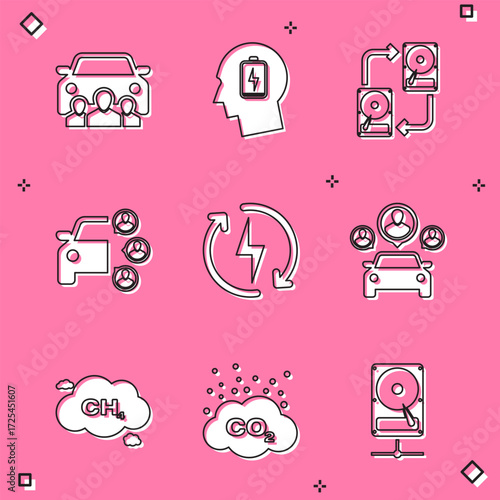 Set Car sharing, Head with low battery, Data exchange hhd, , Recharging and icon. Vector