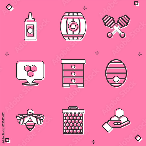 Set Jar of honey, Wooden barrel with, Honey dipper stick, Honeycomb bee location, Hive for bees, Bee and icon. Vector